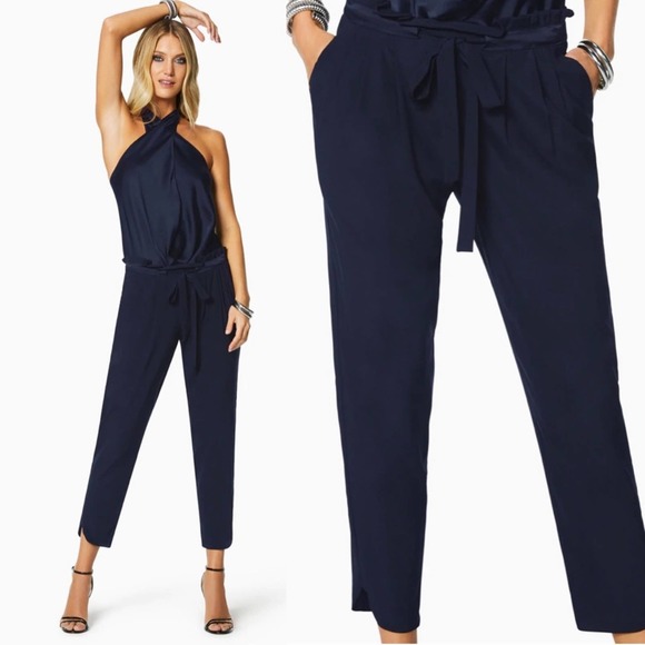 Ramy Brook Allyn Navy Silk Stretch Crop Paperbag Waist Pants - Picture 1 of 9